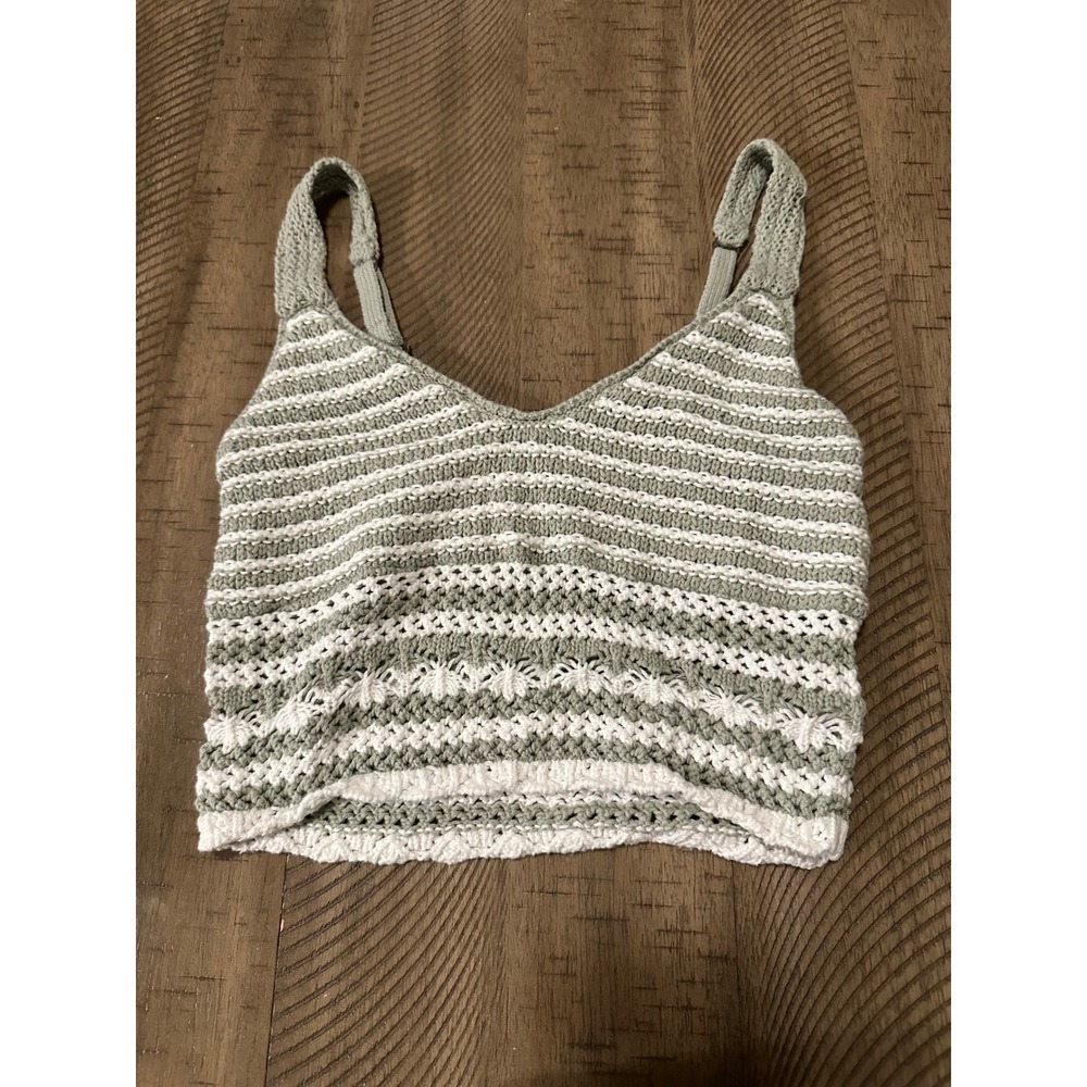 Hollister Sage Green Crochet Knit Striped Crop Top‎ Size S Boho Festival Cami